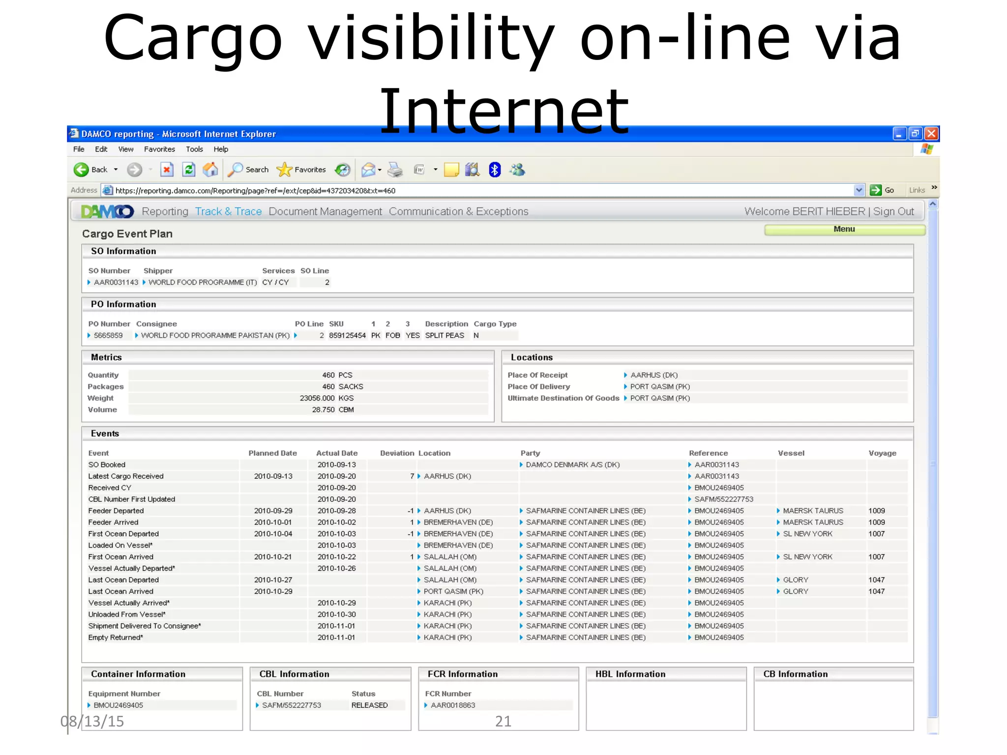 Cargo visibility on-line via
Internet
2108/13/15
 