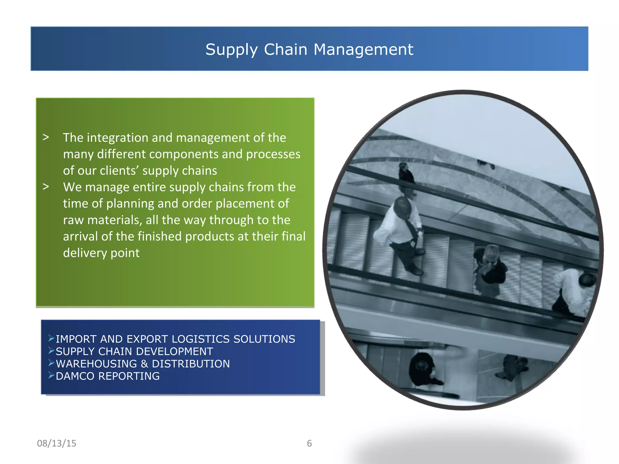 Supply Chain Management
> The integration and management of the
many different components and processes
of our clients’ supply chains
> We manage entire supply chains from the
time of planning and order placement of
raw materials, all the way through to the
arrival of the finished products at their final
delivery point
> The integration and management of the
many different components and processes
of our clients’ supply chains
> We manage entire supply chains from the
time of planning and order placement of
raw materials, all the way through to the
arrival of the finished products at their final
delivery point
IMPORT AND EXPORT LOGISTICS SOLUTIONS
SUPPLY CHAIN DEVELOPMENT
WAREHOUSING & DISTRIBUTION
DAMCO REPORTING
IMPORT AND EXPORT LOGISTICS SOLUTIONS
SUPPLY CHAIN DEVELOPMENT
WAREHOUSING & DISTRIBUTION
DAMCO REPORTING
08/13/15 6
 