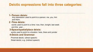 Deictic expressions fall into three categories:
1- Person deixis:
Any expression used to point to a person: me, you, him
and them.
2 -Time deixis:
words used to point to a time: now, then, tonight, last week
and this year…
3-Space/spatial/place deixis:
words used to point to a location: here, there and yonder
4-Deixis and Grammar:
Proximal deictic: (direct speech)
Distal deictic: e.g. (indirect speech)
 
