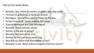 Pick out the spatial deixis.
• Benvolio. See, where he comes: so please you, step aside;
• I'll know his grievance, or be much denied.
• Montague. I would thou wert so happy by thy stay,
• To hear true shrift. Come, madam, let's away.
• [Exeunt Montague and Lady Montague]
• Benvolio. Good-morrow, cousin.
• Romeo. Is the day so young?
• Benvolio. But new struck nine.
• Romeo. Ay me! sad hours seem long.
• Was that my father that went hence so fast?
• Benvolio. It was. What sadness lengthens Romeo's hours?
 
