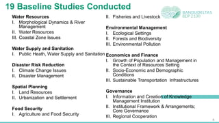 6
19 Baseline Studies Conducted
Water Resources
I. Morphological Dynamics & River
Management
II. Water Resources
III. Coastal Zone Issues
Water Supply and Sanitation
I. Public Heath, Water Supply and Sanitation
Disaster Risk Reduction
I. Climate Change Issues
II. Disaster Management
Spatial Planning
I. Land Resources
II. Urbanization and Settlement
Food Security
I. Agriculture and Food Security
II. Fisheries and Livestock
Environmental Management
I. Ecological Settings
II. Forests and Biodiversity
III. Environmental Pollution
Economics and Finance
I. Growth of Population and Management in
the Context of Resources Setting
II. Socio-Economic and Demographic
Conditions
III. Sustainable Transportation Infrastructures
Governance
I. Information and Creation of Knowledge
Management Institution
II. Institutional Framework & Arrangements;
Core Governance
III. Regional Cooperation
 