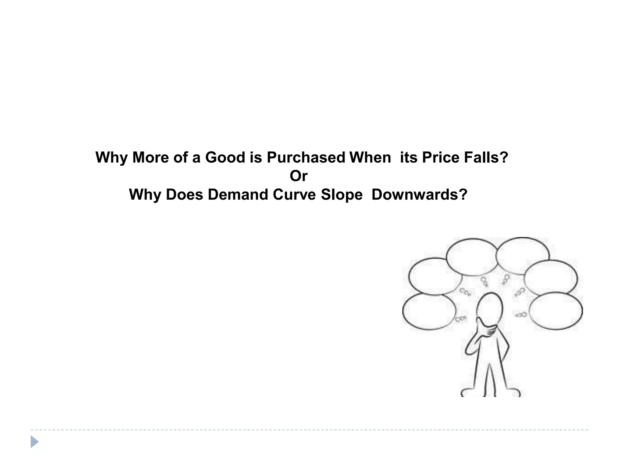 Why More of a Good is Purchased When its Price Falls?
Or
Why Does Demand Curve Slope Downwards?
 