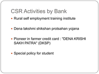 CSR Activities by BankRural self employment training instituteDena lakshmi shikshan protsahan yojanaPioneer in farmer credit card : "DENA KRISHI SAKH PATRA" (DKSP)Special policy for student