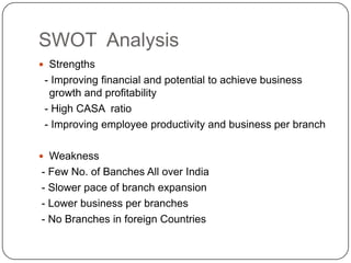 SWOT  AnalysisStrengths  - Improving financial and potential to achieve business growth and profitability  - High CASA  ratio  - Improving employee productivity and business per branchWeakness - Few No. of Banches All over India - Slower pace of branch expansion - Lower business per branches - No Branches in foreign Countries