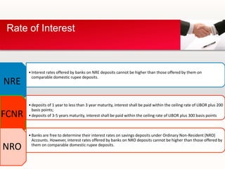 Rate of Interest
NRE
•Interest rates offered by banks on NRE deposits cannot be higher than those offered by them on
comparable domestic rupee deposits.
FCNR
•deposits of 1 year to less than 3 year maturity, interest shall be paid within the ceiling rate of LIBOR plus 200
basis points;
•deposits of 3-5 years maturity, interest shall be paid within the ceiling rate of LIBOR plus 300 basis points
NRO
•Banks are free to determine their interest rates on savings deposits under Ordinary Non-Resident (NRO)
Accounts. However, interest rates offered by banks on NRO deposits cannot be higher than those offered by
them on comparable domestic rupee deposits.
 