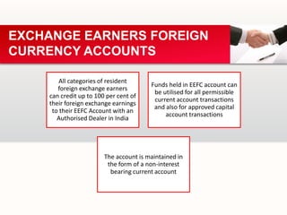 All categories of resident
foreign exchange earners
can credit up to 100 per cent of
their foreign exchange earnings
to their EEFC Account with an
Authorised Dealer in India
Funds held in EEFC account can
be utilised for all permissible
current account transactions
and also for approved capital
account transactions
The account is maintained in
the form of a non-interest
bearing current account
EXCHANGE EARNERS FOREIGN
CURRENCY ACCOUNTS
 