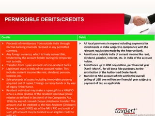 Credits Debit
 Proceeds of remittances from outside India through
normal banking channels received in any permitted
currency.
 Any foreign currency, which is freely convertible,
tendered by the account holder during his temporary
visit to India.
 Transfers from rupee accounts of non-resident banks.
 Legitimate dues in India of the account holder. This
includes current income like rent, dividend, pension,
interest, etc.
 Sale proceeds of assets including immovable property
acquired out of rupee / foreign currency funds or by way
of legacy /inheritance.
 Resident individual may make a rupee gift to a NRI/PIO
who is a close relative of the resident individual [close
relative as defined in Section 6 of the Companies Act,
1956] by way of crossed cheque /electronic transfer. The
amount shall be credited to the Non-Resident (Ordinary)
Rupee Account (NRO) a/c of the NRI / PIO and credit of
such gift amount may be treated as an eligible credit to
 All local payments in rupees including payments for
investments in India subject to compliance with the
relevant regulations made by the Reserve Bank.
 Remittance outside India of current income like rent,
dividend, pension, interest, etc. in India of the account
holder.
 Remittance up to USD one million, per financial year
(April- March), for all bona fide purposes, to the
satisfaction of the Authorised Dealer bank.
 Transfer to NRE account of NRI within the overall
ceiling of USD one million per financial year subject to
payment of tax, as applicable
PERMISSIBLE DEBITS/CREDITS
 
