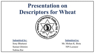 Presentation on
Descriptors for Wheat
Submitted by: Submitted to:
Sony Bhattarai Mr. Mohan K. Bista
Suman Ghimire NPI Lecturer
Nabina Rai
 