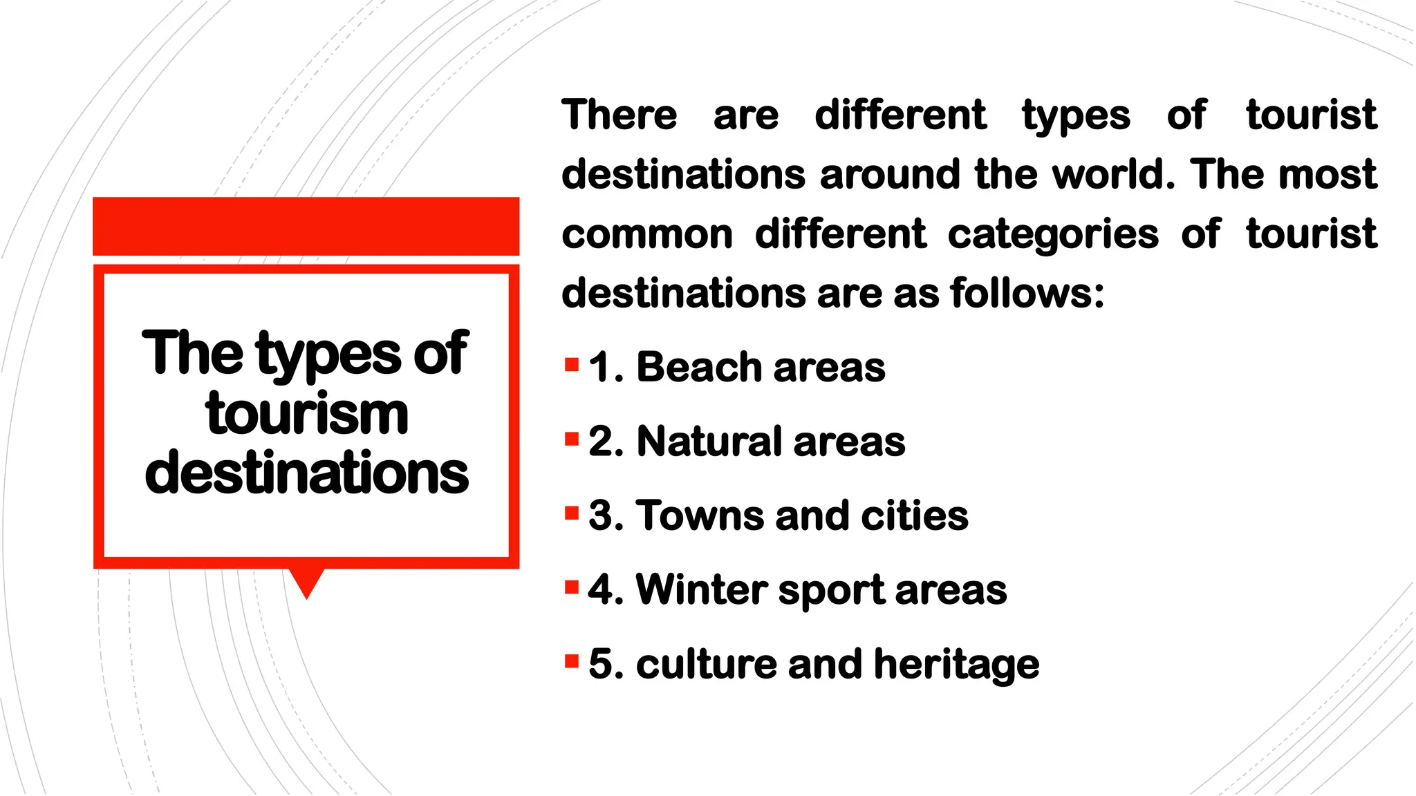 The types of
tourism
destinations
There are different types of tourist
destinations around the world. The most
common different categories of tourist
destinations are as follows:
▪1. Beach areas
▪2. Natural areas
▪3. Towns and cities
▪4. Winter sport areas
▪5. culture and heritage
 