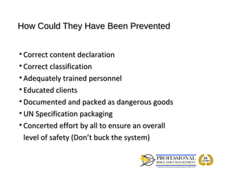 How Could They Have Been Prevented


• Correct content declaration
• Correct classification
• Adequately trained personnel
• Educated clients
• Documented and packed as dangerous goods
• UN Specification packaging
• Concerted effort by all to ensure an overall
 level of safety (Don’t buck the system)
 