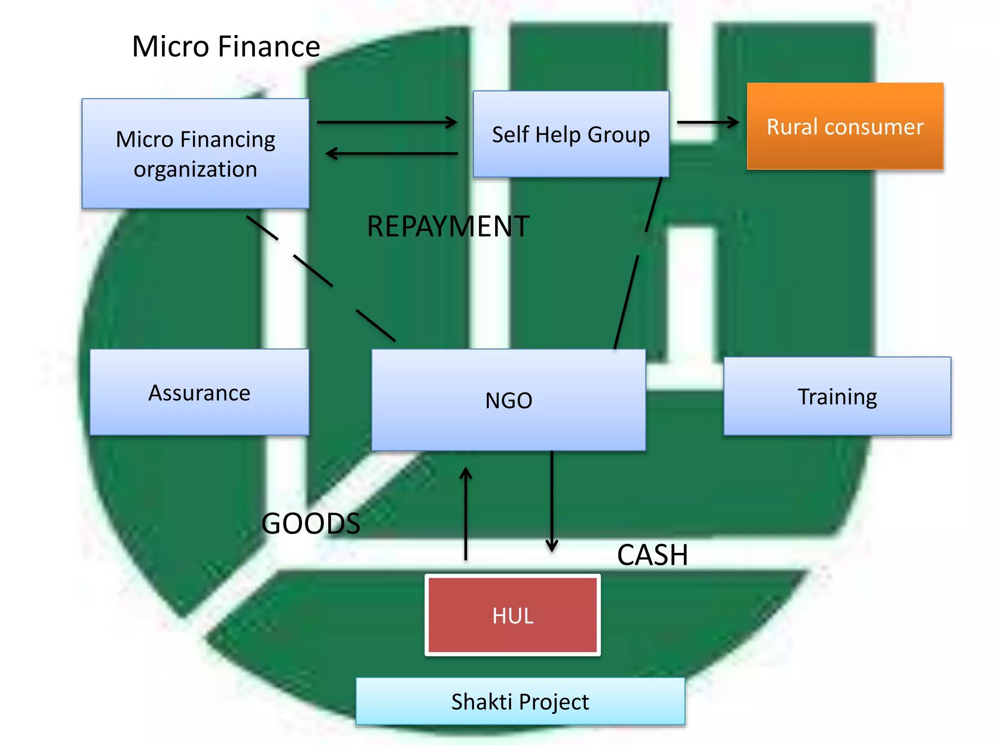 Self Help Group Rural consumer Micro Financing 
organization 
Assurance Training 
NGO 
HUL 
Shakti Project 
CASH 
GOODS 
REPAYMENT 
Micro Finance 
 