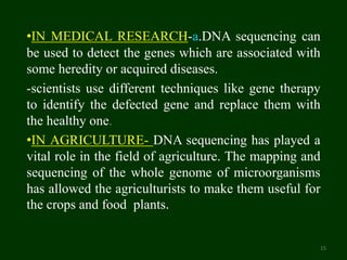 •IN MEDICAL RESEARCH-a.DNA sequencing can
be used to detect the genes which are associated with
some heredity or acquired diseases.
-scientists use different techniques like gene therapy
to identify the defected gene and replace them with
the healthy one.
•IN AGRICULTURE- DNA sequencing has played a
vital role in the field of agriculture. The mapping and
sequencing of the whole genome of microorganisms
has allowed the agriculturists to make them useful for
the crops and food plants.
15
 