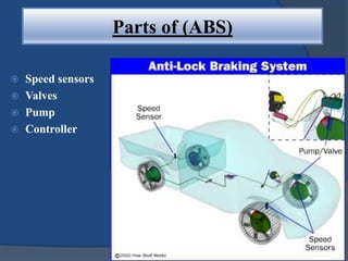 Parts of (ABS)
 Speed sensors
 Valves
 Pump
 Controller
 