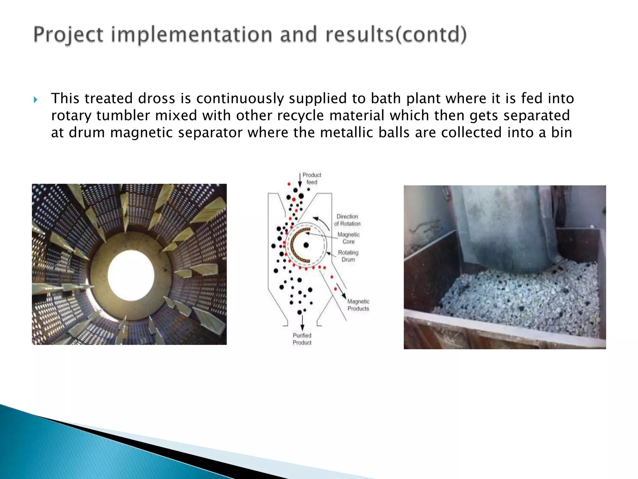 

This treated dross is continuously supplied to bath plant where it is fed into
rotary tumbler mixed with other recycle material which then gets separated
at drum magnetic separator where the metallic balls are collected into a bin

 