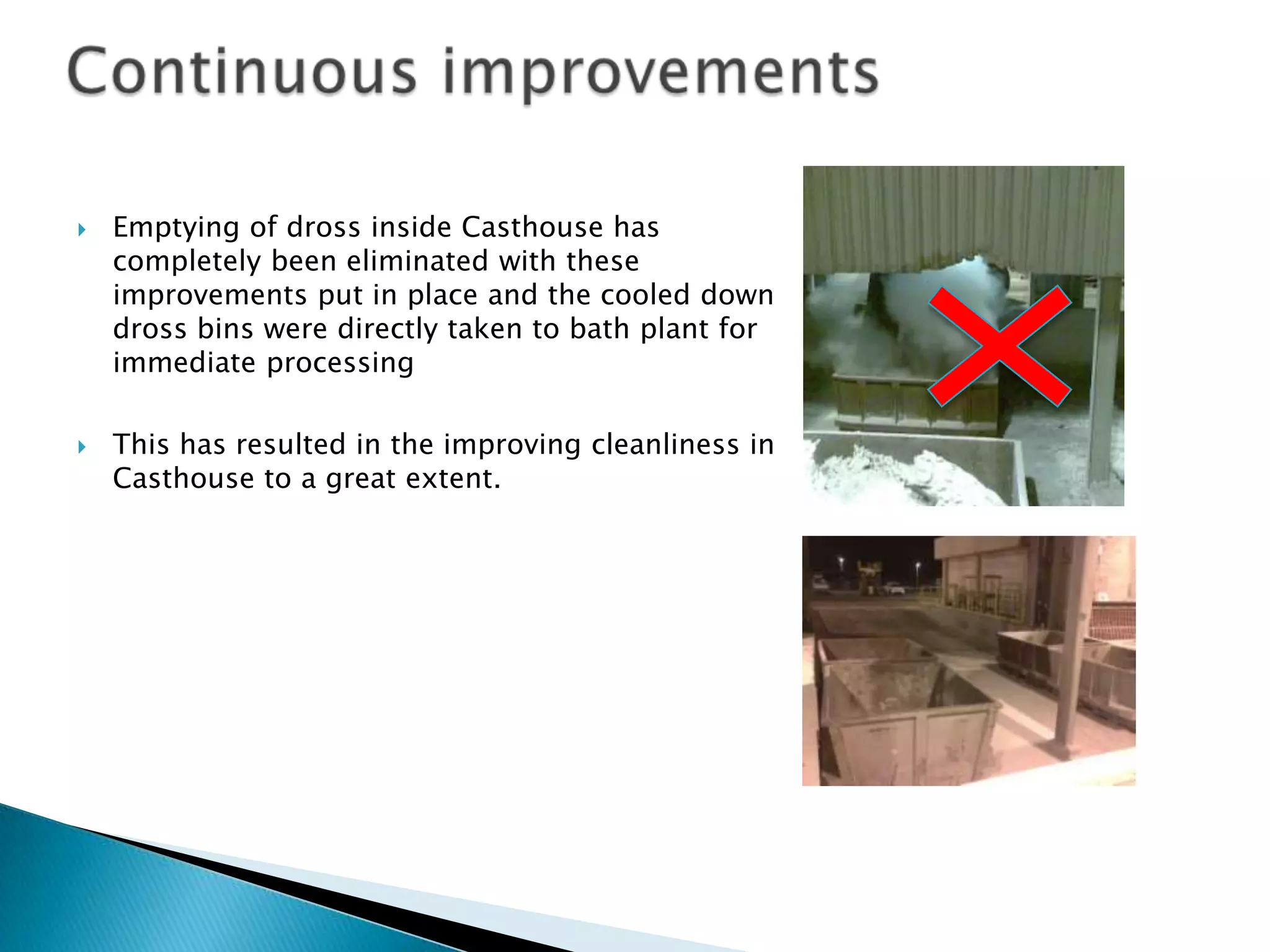 



Emptying of dross inside Casthouse has
completely been eliminated with these
improvements put in place and the cooled down
dross bins were directly taken to bath plant for
immediate processing
This has resulted in the improving cleanliness in
Casthouse to a great extent.

 