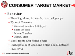 CONSUMER TARGET MARKET Behavior  Traveling alone, in couple, or small groups Type of Travelers Weekend travelers (2-3 days) Short Vacation Leisure Travelers Cultural Trips Book flights and hotels online Participate in at least one online social network Own iPod 03.  CONSUMER INSIGHT & SEGMENTATION 