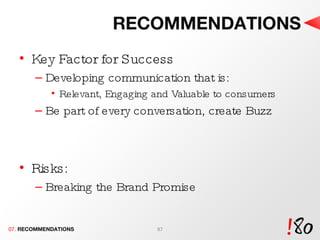 RECOMMENDATIONS Key Factor for Success Developing communication that is:  Relevant, Engaging and Valuable to consumers Be part of every conversation, create Buzz Risks: Breaking the Brand Promise 07.  RECOMMENDATIONS 