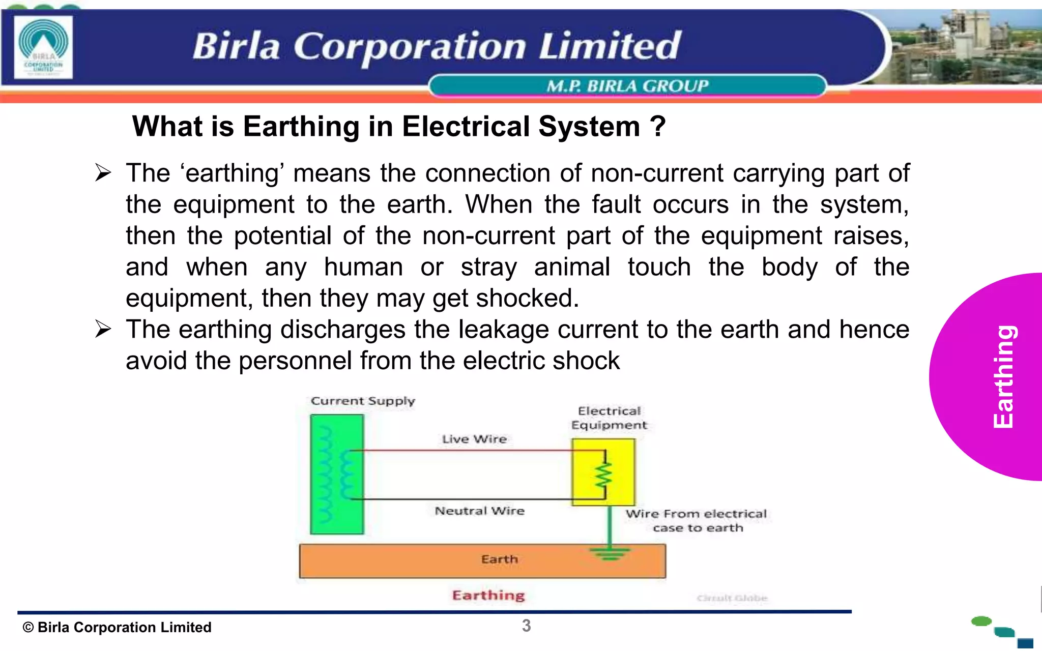 3
© Birla Corporation Limited
What is Earthing in Electrical System ?
 The ‘earthing’ means the connection of non-current carrying part of
the equipment to the earth. When the fault occurs in the system,
then the potential of the non-current part of the equipment raises,
and when any human or stray animal touch the body of the
equipment, then they may get shocked.
 The earthing discharges the leakage current to the earth and hence
avoid the personnel from the electric shock
Earthing
 