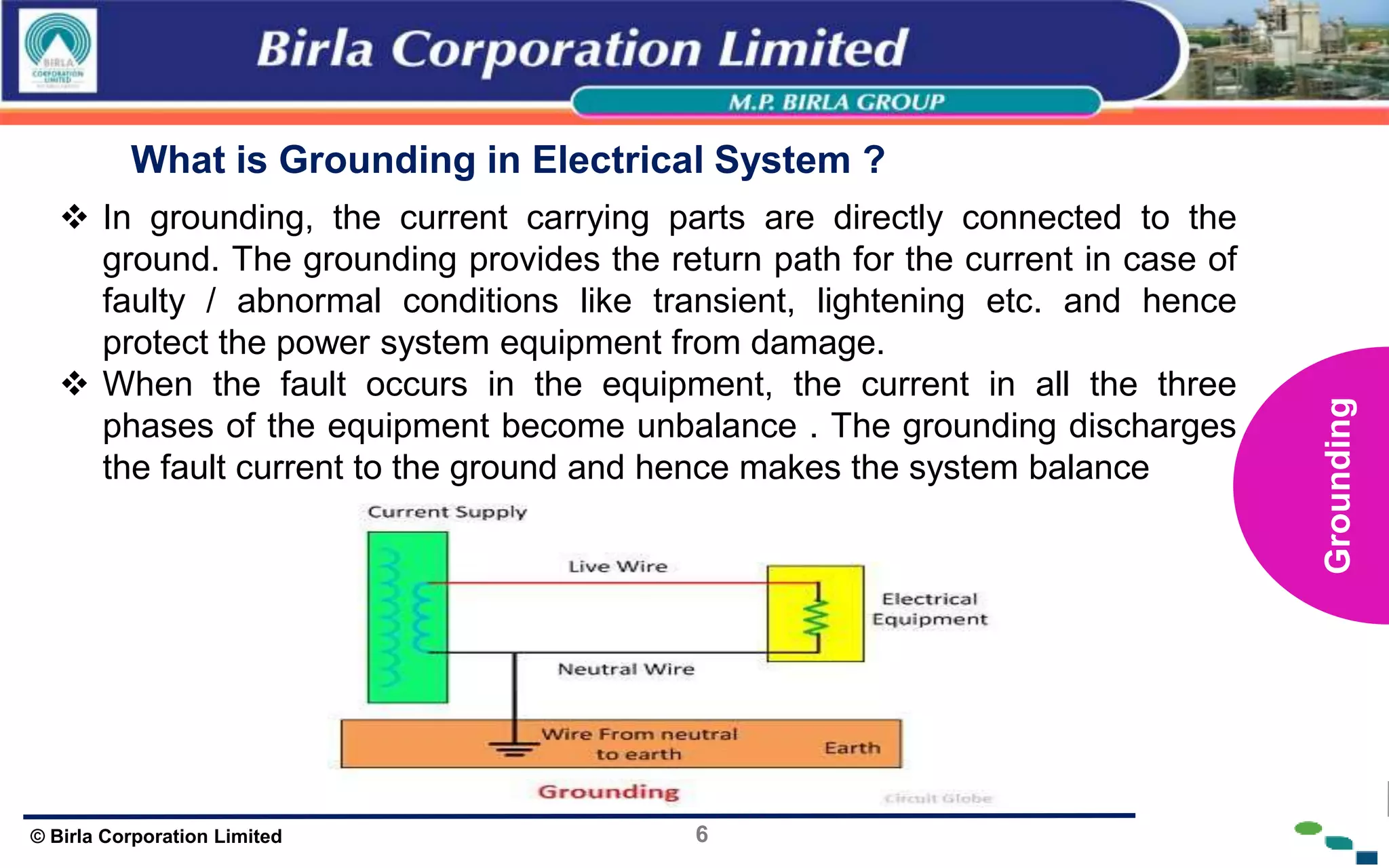 6
© Birla Corporation Limited
What is Grounding in Electrical System ?
 In grounding, the current carrying parts are directly connected to the
ground. The grounding provides the return path for the current in case of
faulty / abnormal conditions like transient, lightening etc. and hence
protect the power system equipment from damage.
 When the fault occurs in the equipment, the current in all the three
phases of the equipment become unbalance . The grounding discharges
the fault current to the ground and hence makes the system balance
Grounding
 