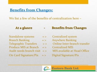 Benefits from Changes: We list a few of the benefits of centralization here –  At a glance  -    Benefits from Changes Standalone systems  = >  Centralized system  Branch Banking  = >  Anywhere Banking  Telegraphic Transfers  = >  Online Inter-branch transfer  Produce MIS at Branch  = >  Centralized MIS  Audit needs branch visit  = >  MIS available at Head Office On Card Signature/Pix  = >  Digital Signature/Pix  