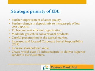 Strategic priority of EBL: Further improvement of asset quality. Further change in deposit mix to increase pie of low cost deposits. To become cost efficient organization. Moderate growth in conventional products. Careful presentation in the capital market. Increased and focused Corporate Social Responsibility (CSR). Increase shareholders’ value. Create world class IT infrastructure to deliver superior service to our customers. 