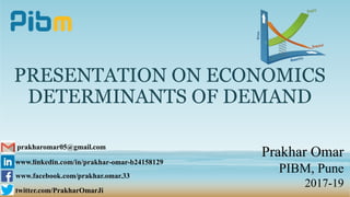PRESENTATION ON ECONOMICS
DETERMINANTS OF DEMAND
prakharomar05@gmail.com
www.linkedin.com/in/prakhar-omar-b24158129
www.facebook.com/prakhar.omar.33
Prakhar Omar
PIBM, Pune
2017-19
twitter.com/PrakharOmarJi
 
