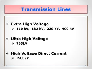 Transmission Lines 
Extra High Voltage 
110 kV, 132 kV, 220 kV, 400 kV 
Ultra High Voltage 
765kV 
High Voltage Direct Current 
±500kV  