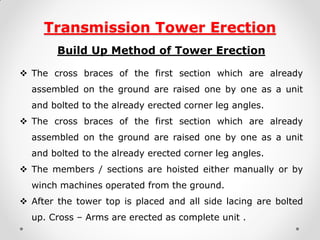 Transmission Tower Erection 
Build Up Method of Tower Erection 
The cross braces of the first section which are already assembled on the ground are raised one by one as a unit and bolted to the already erected corner leg angles. 
The cross braces of the first section which are already assembled on the ground are raised one by one as a unit and bolted to the already erected corner leg angles. 
The members / sections are hoisted either manually or by winch machines operated from the ground. 
After the tower top is placed and all side lacing are bolted up. Cross – Arms are erected as complete unit .  