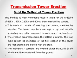 Transmission Tower Erection 
Build Up Method of Tower Erection 
This method is most commonly used in India for the erection of 66kV, 132kV, 220kV and 400kV transmission line towers. 
This method consists of erecting the towers, member by member. The tower members are kept on ground serially according to erection sequence to avoid search or time loss. 
The erection progresses from the bottom upwards. The four main corner leg members of the first section of the tower are first erected and bolted with the stub. 
The members / sections are hoisted either manually or by winch machines operated from the ground  