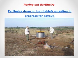 Paying out Earthwire 
Earthwire drum on turn table& unreeling in progress for payout. 
 