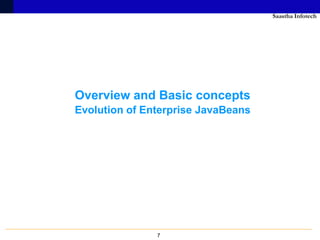 Saastha Infotech




Overview and Basic concepts
Evolution of Enterprise JavaBeans




               7
 