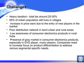 Challanges
• Heavy taxation:- total tax around 25-30%
• 65% of indian population still lives in villages
• increase in price wars due to the entry of new players in the
market
• Poor distribution network in semi-urban and rural areas
• Low awareness of consumer electronics products in rural
India
• Presence of gray market in consumer electronics products,
especially in DVD player, music players. Companies need
to increase focus on product differentiation to address
various segmental specific needs.
 