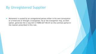 By Unregistered Supplier
 Movement is caused by an unregistered person either in his own conveyance
or a hired one or through a transporter, he or the transporter may, at their
option, generate the e-way bill in FORM GST INS-01 on the common portal in
the manner prescribed in this rule.
 