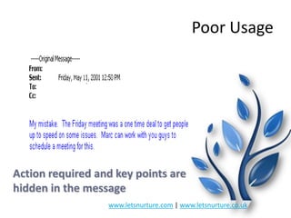 Poor Usage

Action required and key points are
hidden in the message
www.letsnurture.com | www.letsnurture.co.uk

 