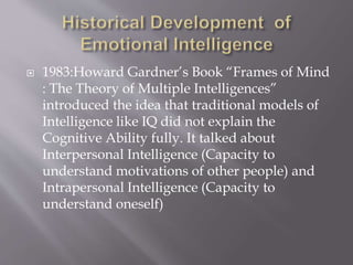  1983:Howard Gardner’s Book “Frames of Mind
: The Theory of Multiple Intelligences”
introduced the idea that traditional models of
Intelligence like IQ did not explain the
Cognitive Ability fully. It talked about
Interpersonal Intelligence (Capacity to
understand motivations of other people) and
Intrapersonal Intelligence (Capacity to
understand oneself)
 