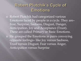  Robert Plutchik had categorized various
Emotions faced by people in a cycle. They are–
Fear, Surprise, Sadness, Disgust, Danger,
Anticipation, Joy and Acceptance (Trust).
These are called Primary or Basic Emotions.
 He grouped the Emotions in pairs conveying
opposite feelings– like Joy versus Sadness,
Trust versus Disgust, Fear versus Anger,
Anticipation versus Surprise
 