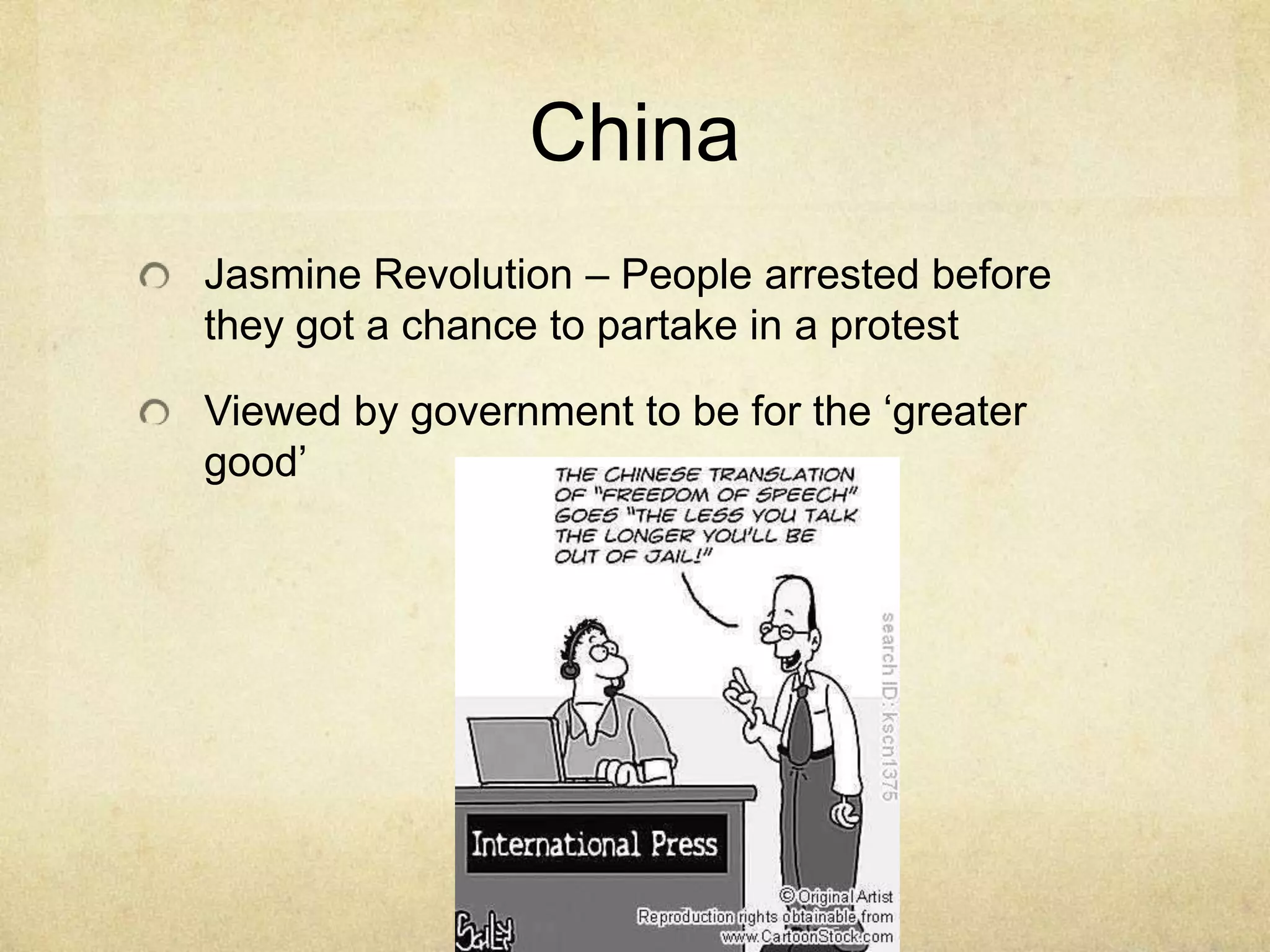 ChinaJasmine Revolution – People arrested before they got a chance to partake in a protest Viewed by government to be for the ‘greater good’