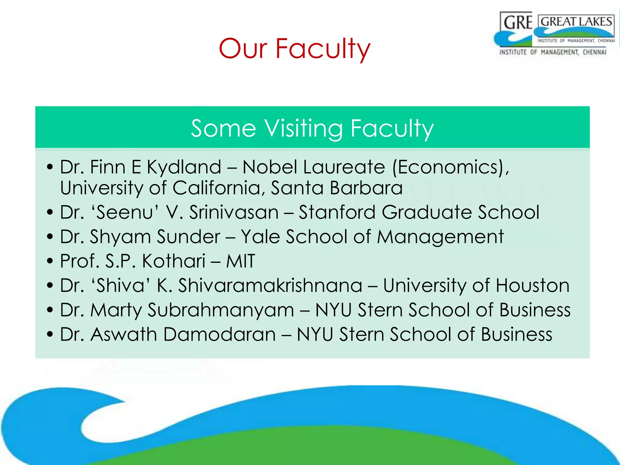 Our Faculty

                Some Visiting Faculty
• Dr. Finn E Kydland – Nobel Laureate (Economics),
  University of California, Santa Barbara
• Dr. ‘Seenu’ V. Srinivasan – Stanford Graduate School
• Dr. Shyam Sunder – Yale School of Management
• Prof. S.P. Kothari – MIT
• Dr. ‘Shiva’ K. Shivaramakrishnana – University of Houston
• Dr. Marty Subrahmanyam – NYU Stern School of Business
• Dr. Aswath Damodaran – NYU Stern School of Business
 
