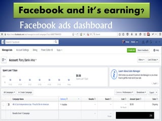 Facebook and it’s earning?
Facebook ads dashboard
26
 