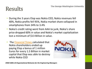 EMSE 6005.10 Organizational Behavior for the Engineering Managers
Results
• During the 3 years Elop was Nokia CEO, Nokia revenues fell
40%, Nokia profits fell 95%, Nokia market share collapsed in
smartphones from 34% to 3.4%
• Nokia's credit rating went from AAA to junk, Nokia's share
price dropped 60% in value and Nokia's market capitalization
lost a minimum of $13 Billion in value.
• The Financial Times calculated that
Nokia shareholders ended up
paying Elop a bonus of 1 million
Euros for every 1.5 Billion in market
capital that Elop was able to destroy
while Nokia CEO
 