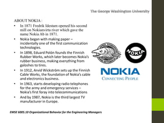 ABOUT NOKIA :
• In 1871 Fredrik Idestam opened his second
mill on Nokianvirta river which gave the
name Nokia Ab in 1871.
• Nokia began with making paper –
incidentally one of the first communication
technologies.
• In 1898, Eduard Polón founds the Finnish
Rubber Works, which later becomes Nokia’s
rubber business, making everything from
galoshes to tires.
• In 1912, Arvid Wickström sets up the Finnish
Cable Works, the foundation of Nokia’s cable
and electronics business.
• In 1963, starts developing radio telephones
for the army and emergency services –
Nokia’s first foray into telecommunications
• And by 1987, Nokia is the third largest TV
manufacturer in Europe.
EMSE 6005.10 Organizational Behavior for the Engineering Managers
 