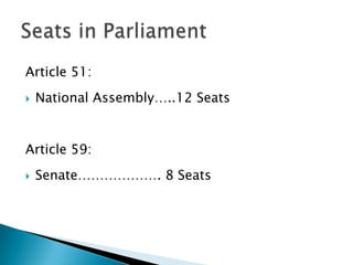Article 51:
   National Assembly…..12 Seats


Article 59:
   Senate………………. 8 Seats
 