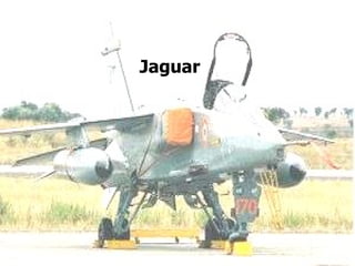 Features Maximum Speed:  Mach 1.5 Service Ceiling:  36,000 feet Payloads:  Two 30mm Aden guns with 150 rds of ammunition. Combat Radius:  With internal fuel only - 1408 km; 875 miles.     With drop tanks - 2593 km; 1611 miles.    Security A RWR system and active/passive electronic counter    measures Litening Laser Designation Pod.   JAGUAR Indian Name: Shamsher  Indian Fighter Planes Jaguar 