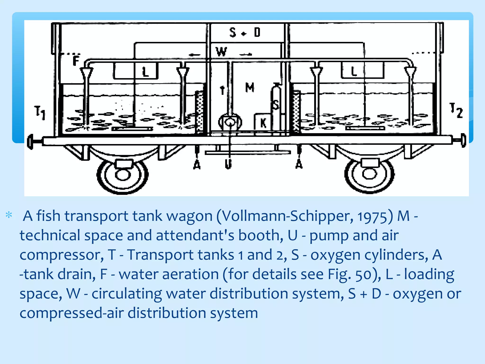 ∗ A fish transport tank wagon (Vollmann-Schipper, 1975) M -
technical space and attendant's booth, U - pump and air
compressor, T - Transport tanks 1 and 2, S - oxygen cylinders, A
-tank drain, F - water aeration (for details see Fig. 50), L - loading
space, W - circulating water distribution system, S + D - oxygen or
compressed-air distribution system
 