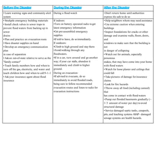 Beforethe Disaster Duringthe Disaster Afterthe Disaster
• Learn warning signs and community alert
system
During a flood watch • Don't return home until authorities
express itis safe to do so
• Stockpile emergency building materials If indoors:
•Turn on battery operated radio toget
latest emergency information
•Get pre-assembled emergency
supplies
•If told to leave, do soimmediately.
If outdoors:
•Climb to high ground and stay there
•Avoid walking through any
floodwaters.
•If in a car, turn around and go another
way; if your car stalls, abandon it
immediately and climb to higher
ground.
During an evacuation:
•If advised to evacuate, do so
immediately to avoid flooded roads,
being sure to follow recommended
evacuation routes and listen to radio for
evacuation instructions
• Help neighbors whom may need assistance
• Install check valves in sewer traps to • Use extreme caution when entering
prevent flood waters from backing up in buildings
sewer • Inspect foundations for cracks or other
drains damage and examine walls, floors, doors,
• Plan and practice an evacuation route and
• Have disaster supplies on hand windows to make sure that the building is
• Develop an emergency communication not
plan in danger of collapsing
in case of separation • Watch out for animals, especially
• Askan out-of-state relative to serve as the poisonous
"family contact" snakes, that may have come into your home
• Teach family members how and when to with flood waters
turn off the gas, electricity, and water and • Watch for loose plaster and ceilings that
teach children how and when to call9-1-1 could fall
• Askyour insurance agent about flood • Take pictures of damage forinsurance
insurance claims
• Look for fire hazards
• Throw away all food (including canned)
that
has come in contact with flood waters
• Pump out flooded basements gradually (~
1/3 amount of water per day) toavoid
structural damage
• Service damaged septic tanks, cesspools,
pits, and leaching systems ASAP– damaged
sewage systems are health hazards.
 