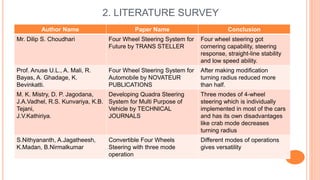 2. LITERATURE SURVEY
Author Name Paper Name Conclusion
Mr. Dilip S. Choudhari Four Wheel Steering System for
Future by TRANS STELLER
Four wheel steering got
cornering capability, steering
response, straight-line stability
and low speed ability.
Prof. Anuse U.L., A. Mali, R.
Bayas, A. Ghadage, K.
Bevinkatti.
Four Wheel Steering System for
Automobile by NOVATEUR
PUBLICATIONS
After making modification
turning radius reduced more
than half.
M. K. Mistry, D. P. Jagodana,
J.A.Vadhel, R.S. Kunvariya, K.B.
Tejani,
J.V.Kathiriya.
Developing Quadra Steering
System for Multi Purpose of
Vehicle by TECHNICAL
JOURNALS
Three modes of 4-wheel
steering which is individually
implemented in most of the cars
and has its own disadvantages
like crab mode decreases
turning radius
S.Nithyananth, A.Jagatheesh,
K.Madan, B.Nirmalkumar
Convertible Four Wheels
Steering with three mode
operation
Different modes of operations
gives versatility
 