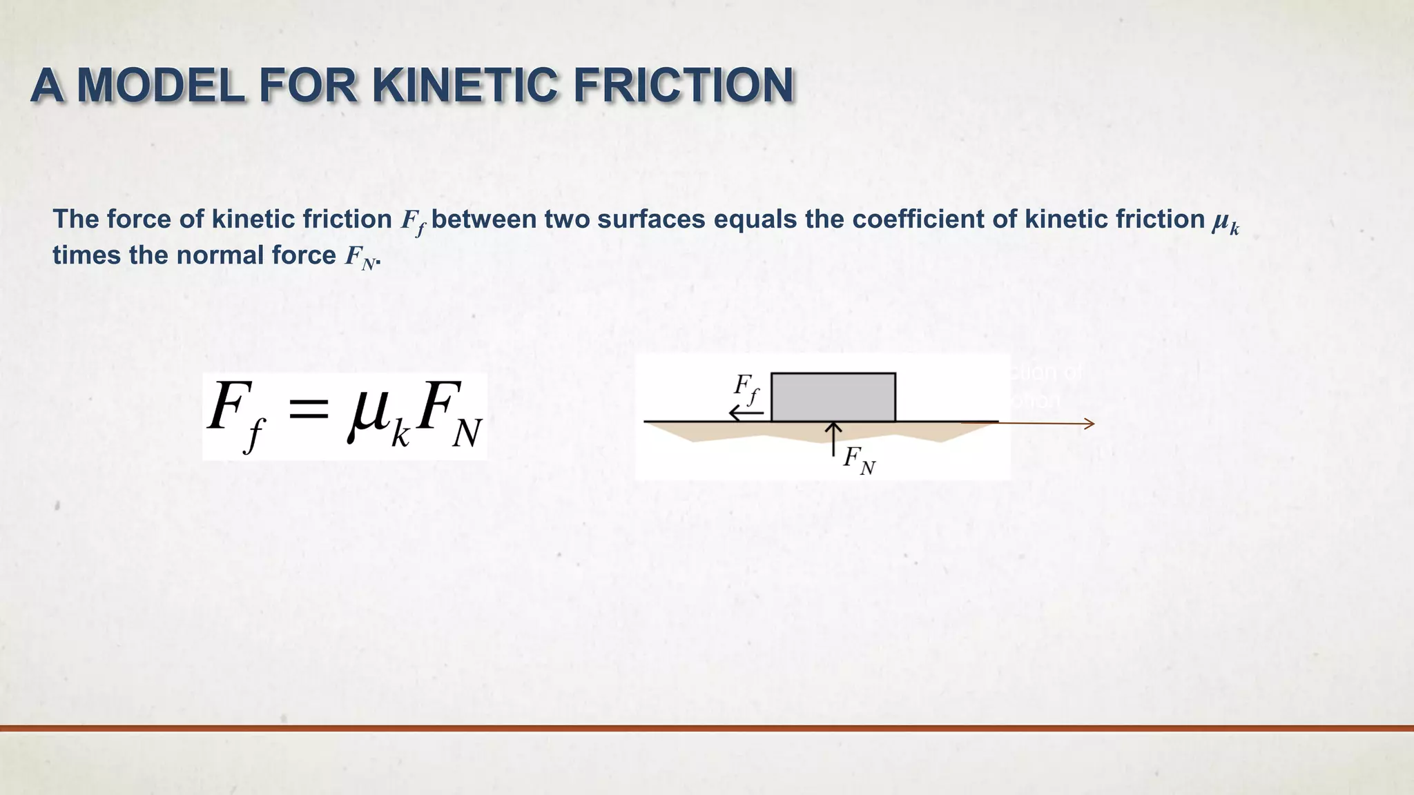 The force of kinetic friction Ff between two surfaces equals the coefficient of kinetic friction μk
times the normal force FN.
direction of
motion
A MODEL FOR KINETIC FRICTION
 