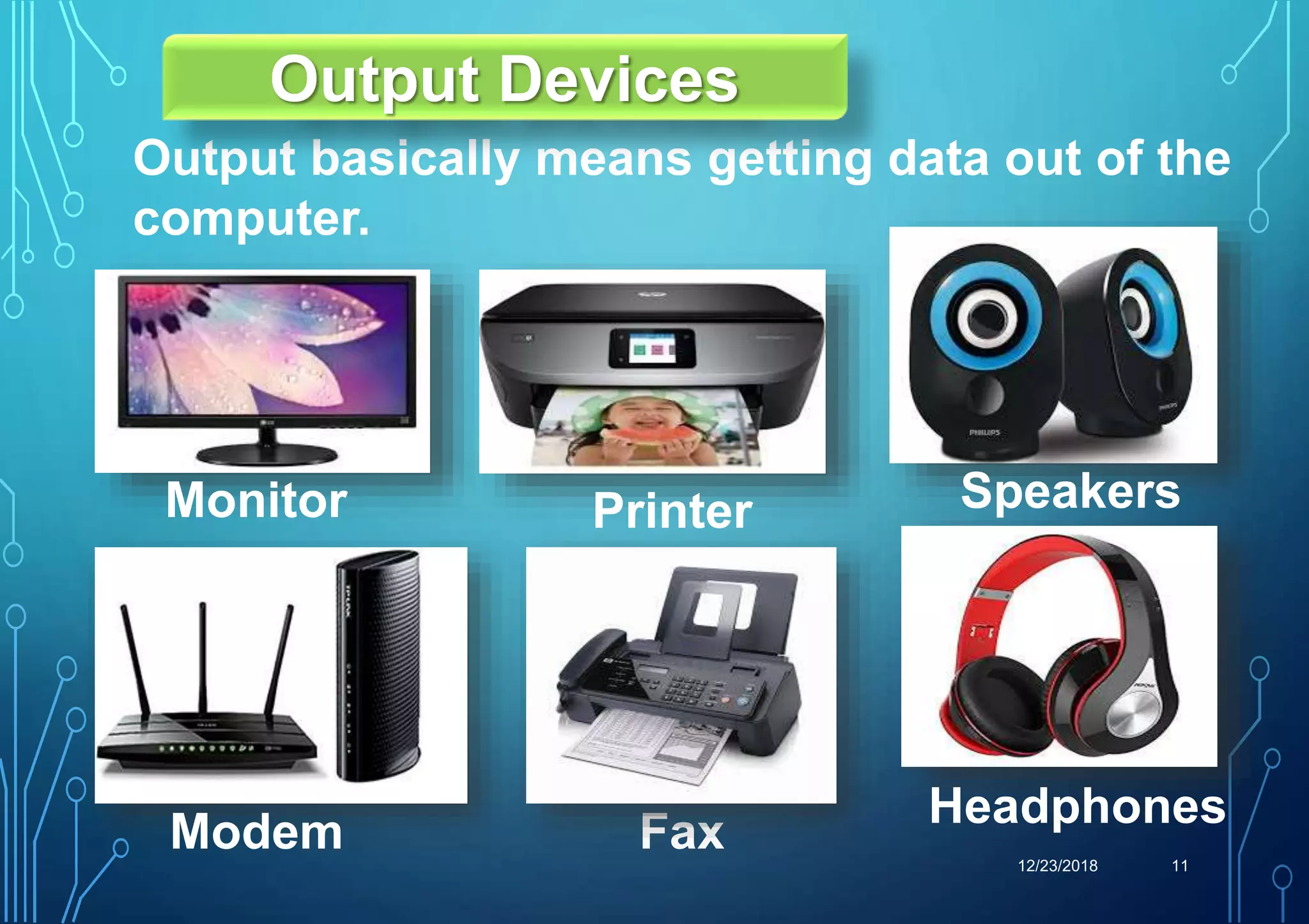 12/23/2018 11
Output basically means getting data out of the
computer.
Output Devices
Monitor Printer Speakers
Modem Fax
Headphones
 