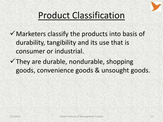 Product Classification
Marketers classify the products into basis of
durability, tangibility and its use that is
consumer or industrial.
They are durable, nondurable, shopping
goods, convenience goods & unsought goods.

1/6/2014

Tolani Institute of Management Studies

13

 