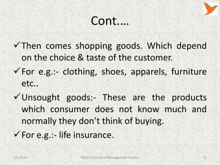 Cont.…
Then comes shopping goods. Which depend
on the choice & taste of the customer.
For e.g.:- clothing, shoes, apparels, furniture
etc..
Unsought goods:- These are the products
which consumer does not know much and
normally they don’t think of buying.
For e.g.:- life insurance.
1/6/2014

Tolani Institute of Management Studies

22

 